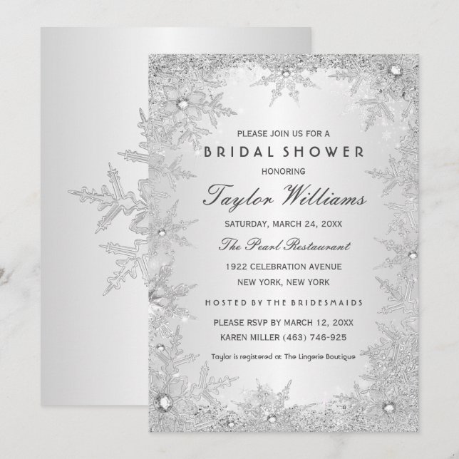 Silver Jewel Snowflake Bridal Shower Invitation (Front/Back)