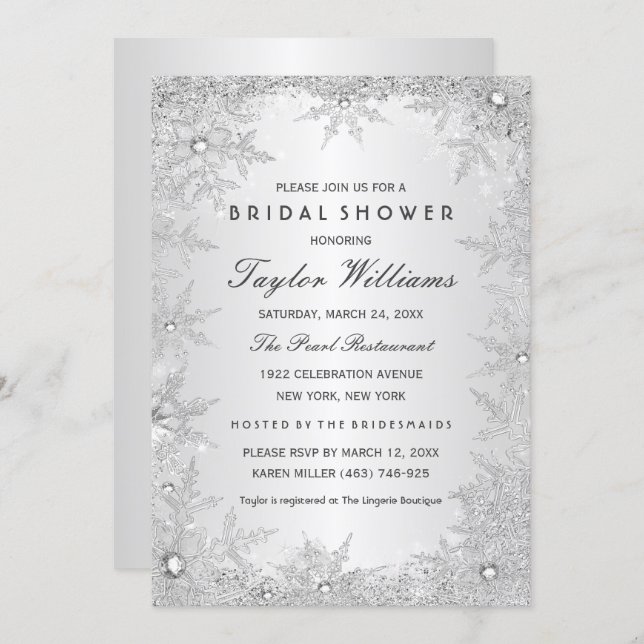 Silver Jewel Snowflake Bridal Shower Invitation (Front/Back)