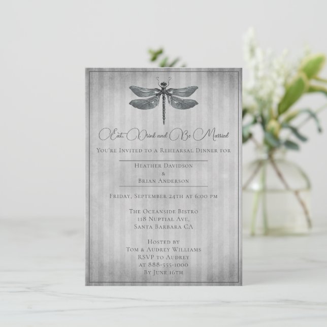 Silver Jeweled Dragonfly Rehearsal Dinner Invitation (Standing Front)