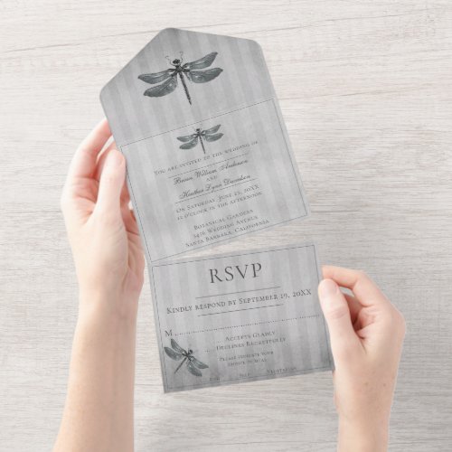 Silver Jeweled Dragonfly Wedding All In One Invitation
