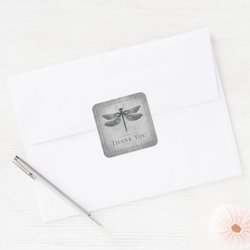 Silver Jeweled Dragonfly Wedding Thank You Square Sticker