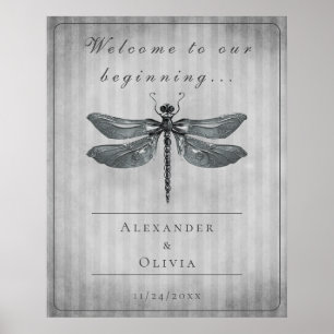 Silver Jeweled Dragonfly Wedding Welcome Poster