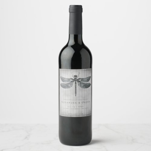 Silver Jeweled Dragonfly Wedding Wine Label