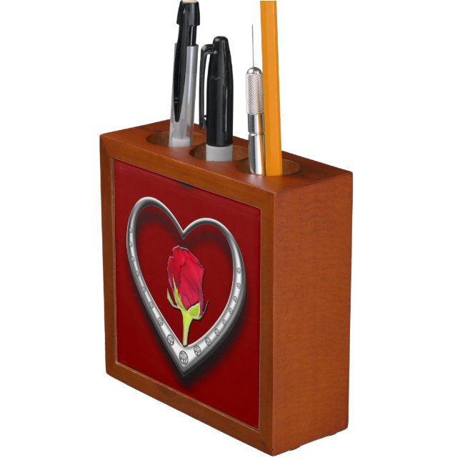 Silver Jewelry Valentine Heart with Red Rose Desk Organizer (In Situ)