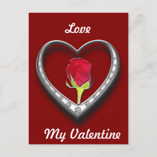Silver Jewelry Valentine Heart with Red Rose Holiday Postcard