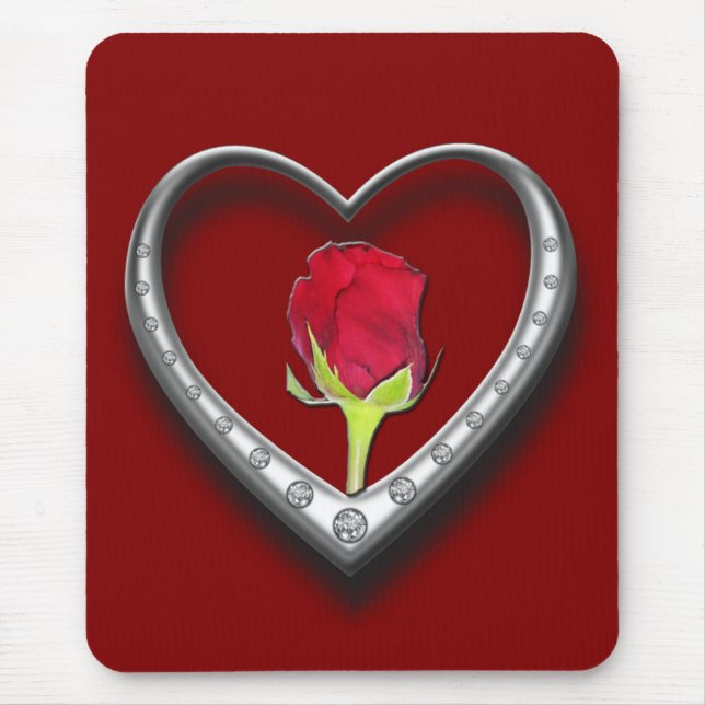 Silver Jewelry Valentine Heart with Red Rose Mouse Pad (Front)
