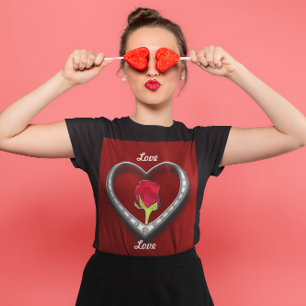Silver Jewelry Valentine Heart with Red Rose T-Shirt