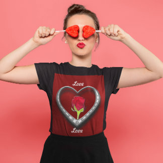 Silver Jewelry Valentine Heart with Red Rose T-Shirt