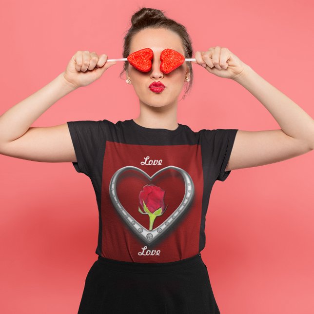 Silver Jewelry Valentine Heart with Red Rose T-Shirt (Silver Jewelry Valentine Heart with Red Rose Womens T-Shirt)