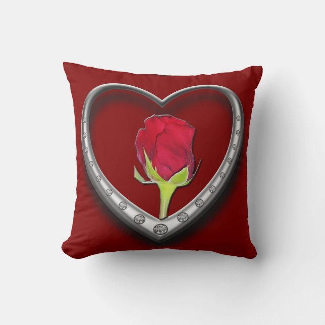 Silver Jewelry Valentine Heart with Red Rose Throw Pillow (Front)