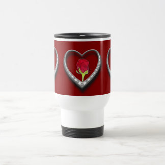 Silver Jewelry Valentine Heart with Red Rose Travel Mug