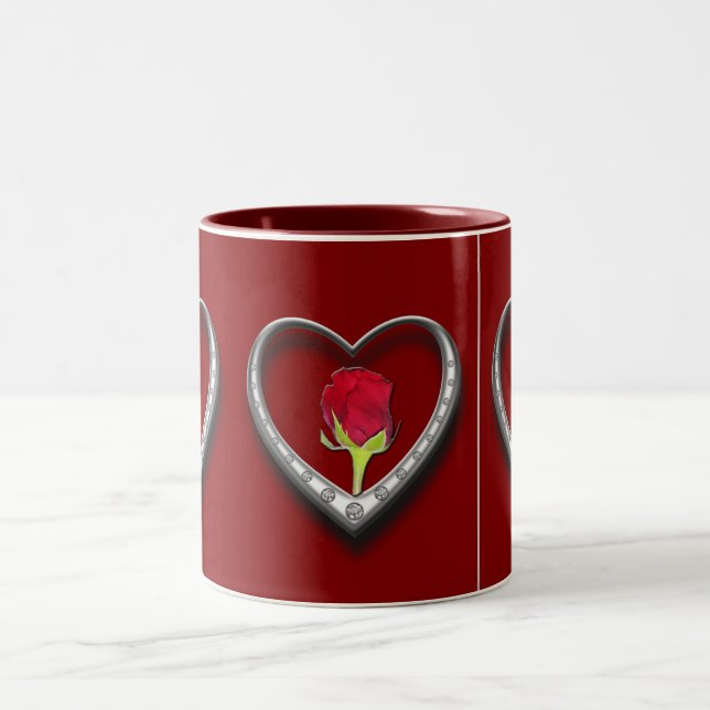Silver Jewelry Valentine Heart with Red Rose Two-Tone Coffee Mug (Center)
