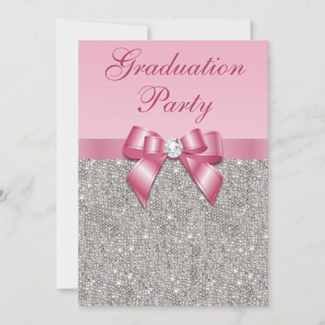 Silver Jewels Faux Bow Girls Graduation Party Invitation (Front)