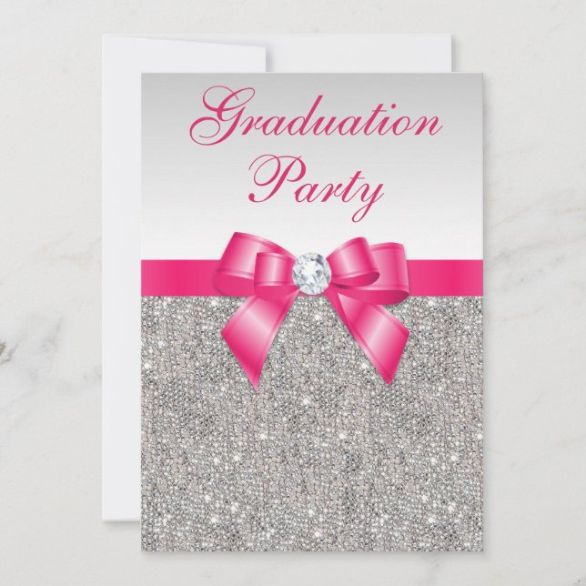 Silver Jewels Hot Pink Bow Girls Graduation Party Invitation (Front)