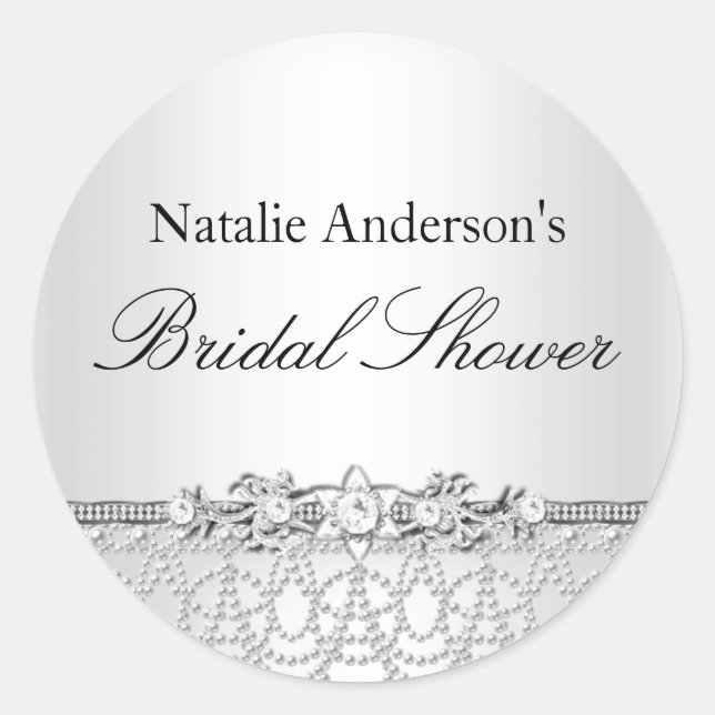 Silver Jewels & Pearls Bridal Shower Sticker (Front)