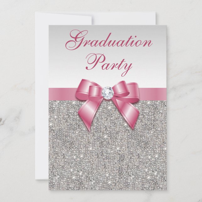 Silver Jewels Pink Bow Girls Graduation Party Invitation (Front)