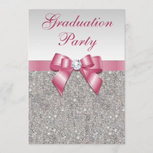 Silver Jewels Pink Bow Girls Graduation Party Invitation