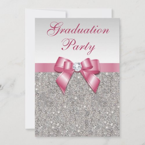 Silver Jewels Pink Bow Girls Graduation Party Invitation