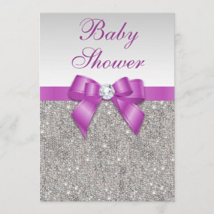 Silver Jewels Radiant Orchid Bow Baby Shower Invitation