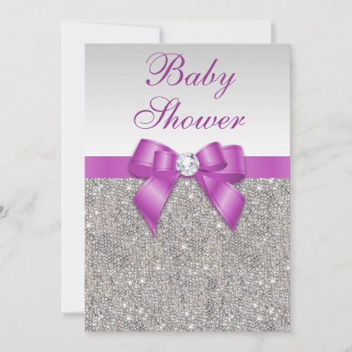 Silver Jewels Radiant Orchid Bow Baby Shower Invitation