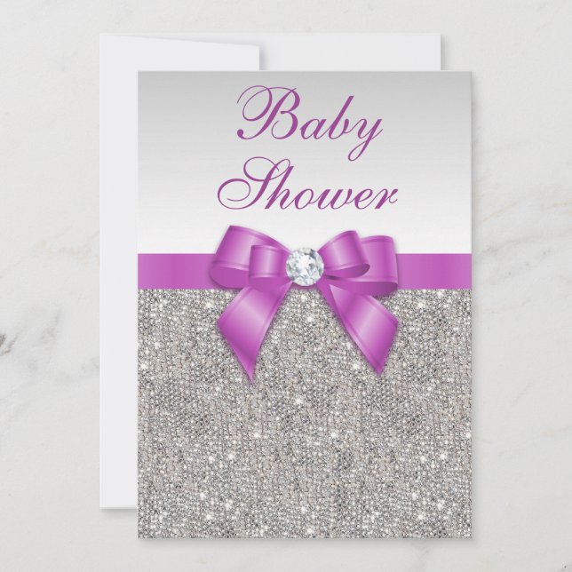 Silver Jewels Radiant Orchid Bow Baby Shower Invitation (Front)