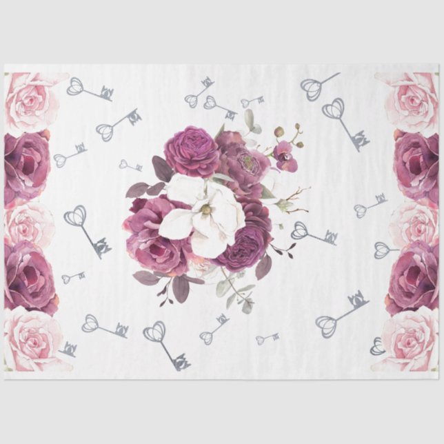 Silver Keys & Floral Wedding Tissue Paper (Front)