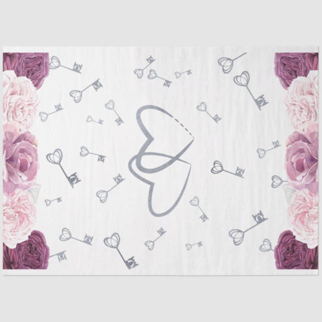 Silver Keys & Hearts Floral Wedding Tissue Paper (Front)