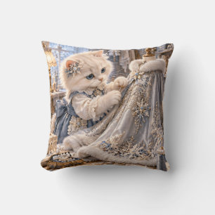 Silver Kitten Snowflake Couture Sewing Atelier Throw Pillow