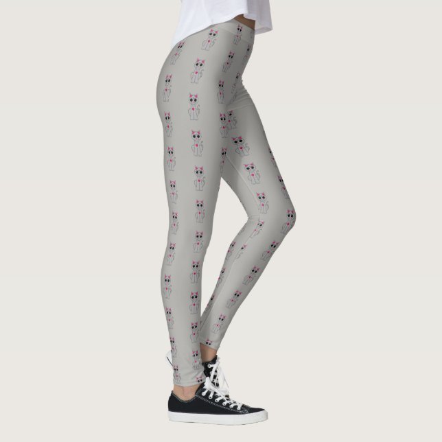 Silver Kitty Cat Cartoon Pattern on Light Gray Leggings (Right)