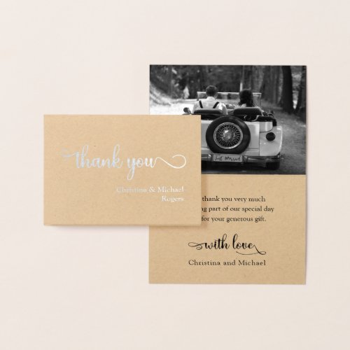 Silver Kraft Thank You  Black White Photo Real Foil Card