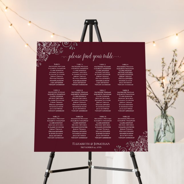 Silver Lace 12 Table Burgundy Seating Chart Foam Board (In Situ (Stand))