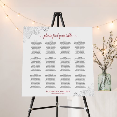 Silver Lace 12 Table Red on White Seating Chart Foam Board