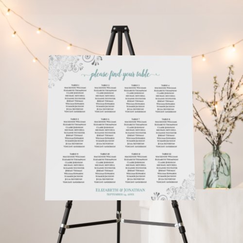 Silver Lace 12 Table Teal on White Seating Chart Foam Board