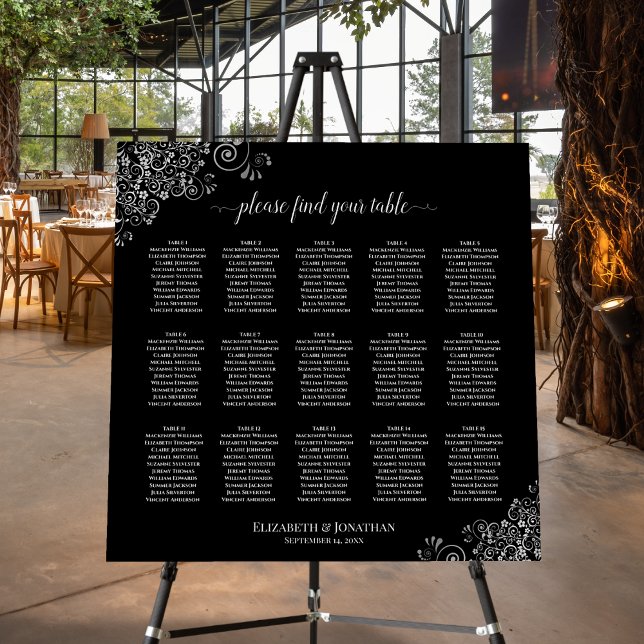 Silver Lace 15 Table Black Wedding Seating Chart Foam Board (In Situ on Stand at Reception)