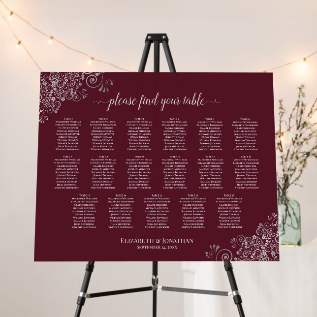 Silver Lace 17 Table Burgundy Seating Chart Foam Board (In Situ (Stand))