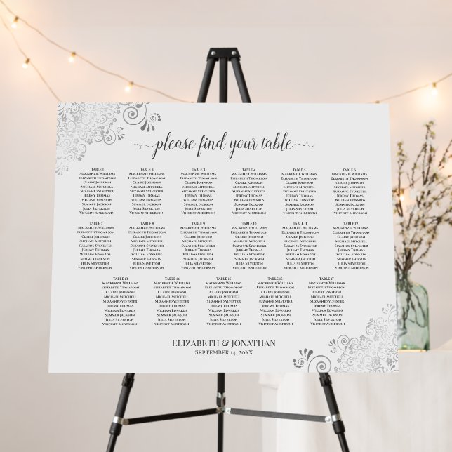 Silver Lace 17 Table White Wedding Seating Chart Foam Board (In Situ (Stand))