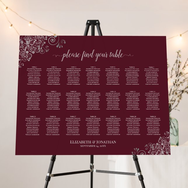 Silver Lace 21 Table Burgundy Seating Chart Foam Board (In Situ (Stand))
