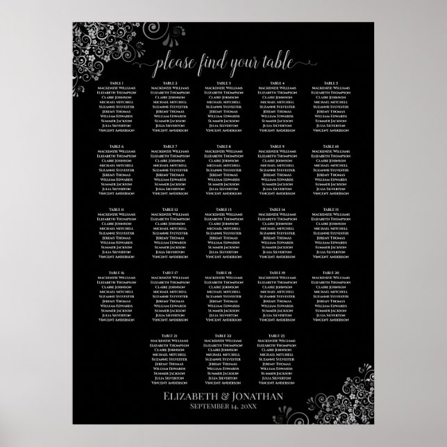 Silver Lace 23 Table Black Wedding Seating Chart (Front)