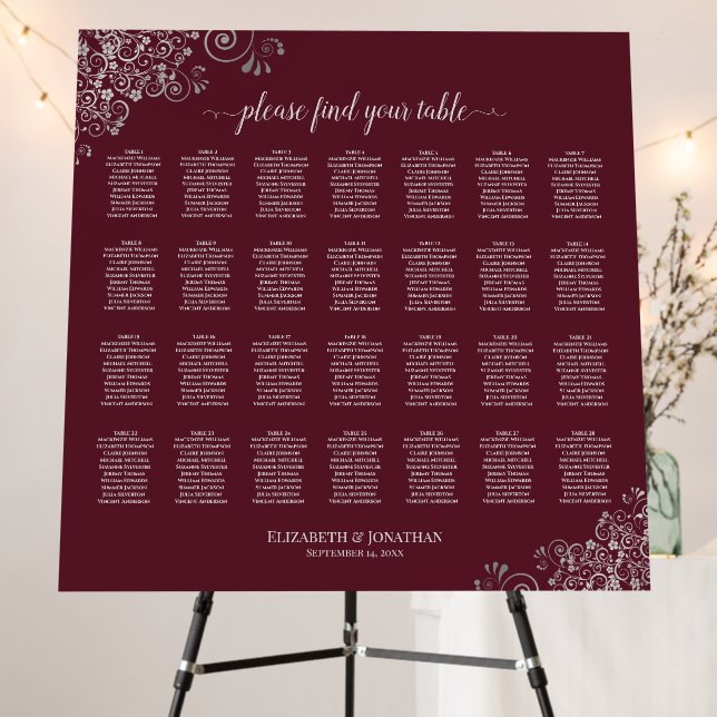 Silver Lace 28 Table Burgundy Seating Chart Foam Board (In Situ (Stand))