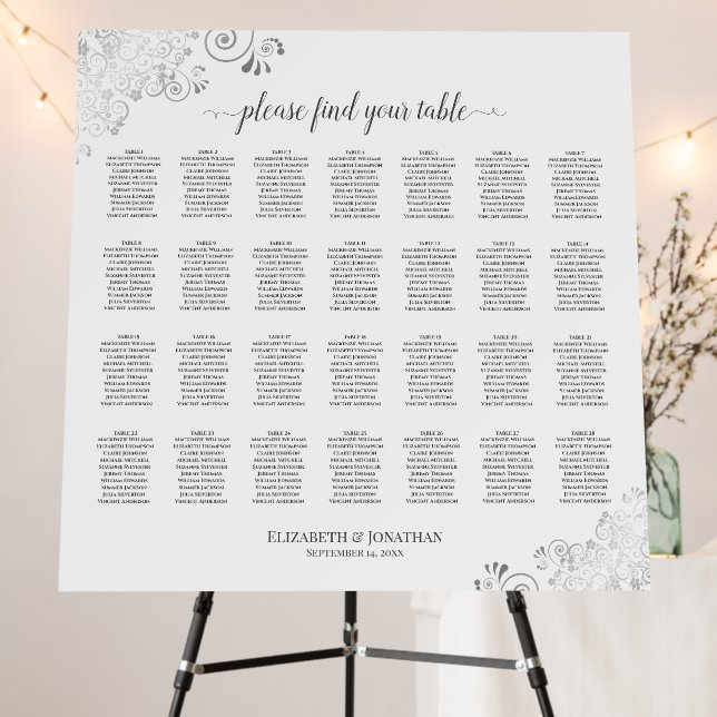 Silver Lace 28 Table White Wedding Seating Chart Foam Board (In Situ (Stand))