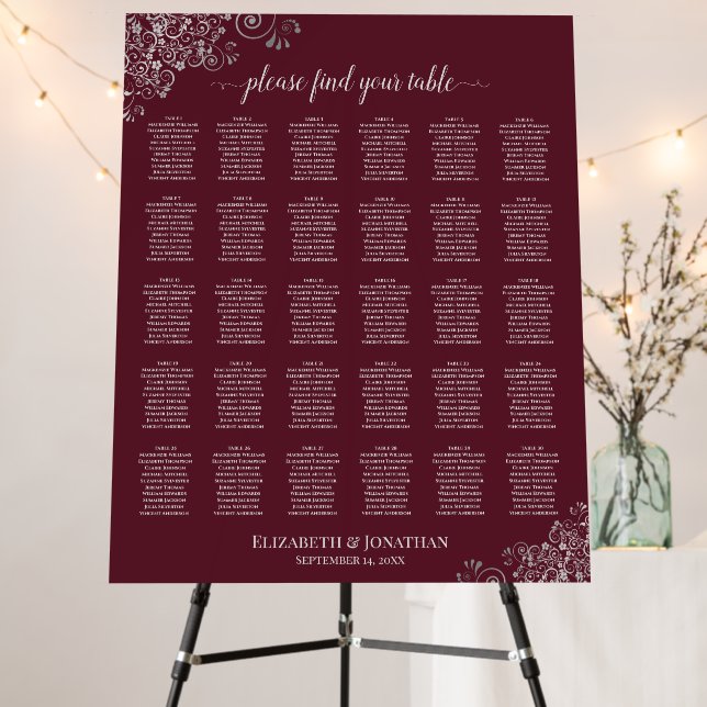 Silver Lace 30 Table Chic Burgundy Seating Chart Foam Board (In Situ (Stand))