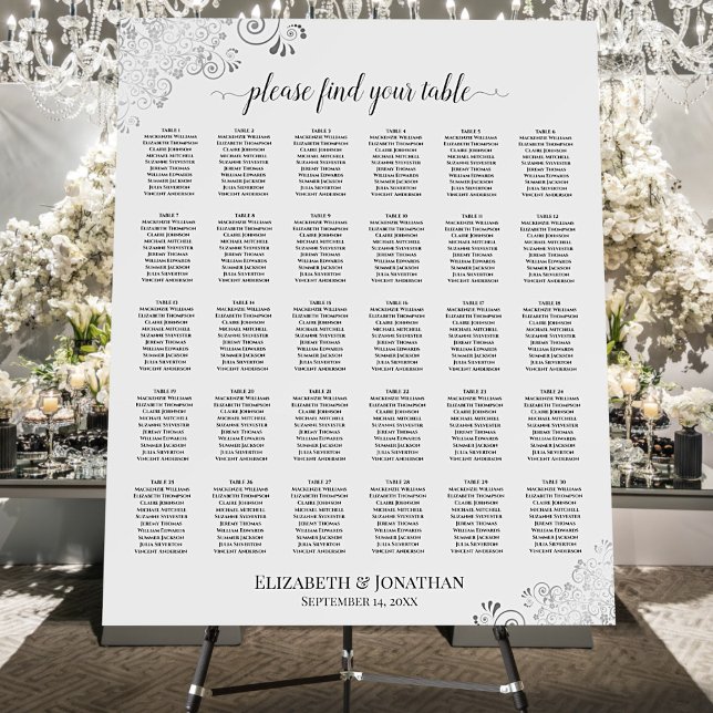 Silver Lace 30 Table White Wedding Seating Chart Foam Board (In Situ on Stand with Flowers)