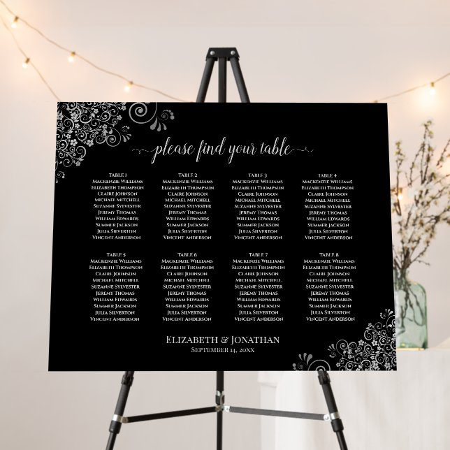 Silver Lace 8 Table Black Wedding Seating Chart Foam Board (In Situ (Stand))