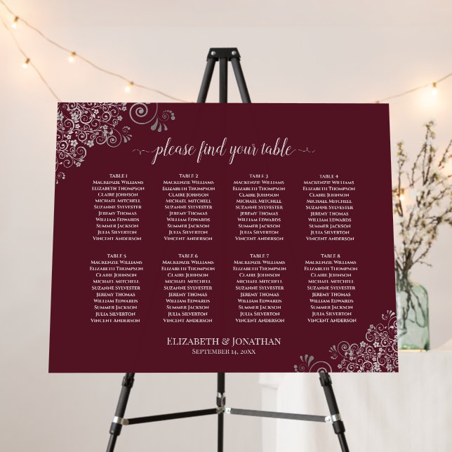 Silver Lace 8 Table Burgundy Wedding Seating Chart Foam Board (In Situ (Stand))