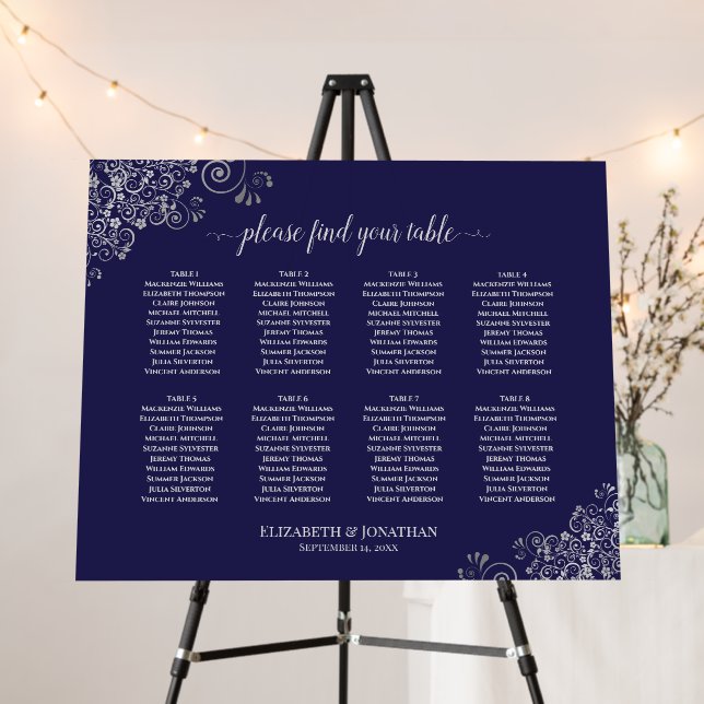 Silver Lace 8 Table Navy Blue Seating Chart Foam Board (In Situ (Stand))