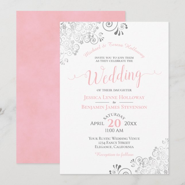 Silver Lace and Blush Pink Formal White Wedding Invitation (Front/Back)