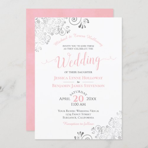 Silver Lace and Blush Pink Formal White Wedding Invitation
