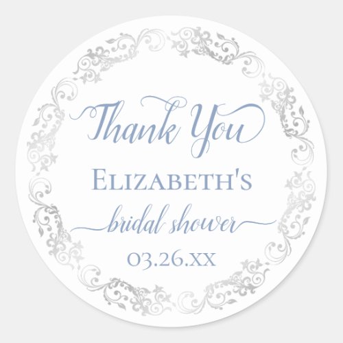 Silver Lace and Dusty Blue Bridal Shower Thank You Classic Round Sticker