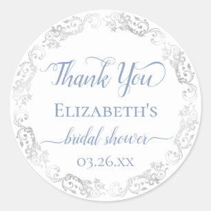 Silver Lace and Dusty Blue Bridal Shower Thank You Classic Round Sticker
