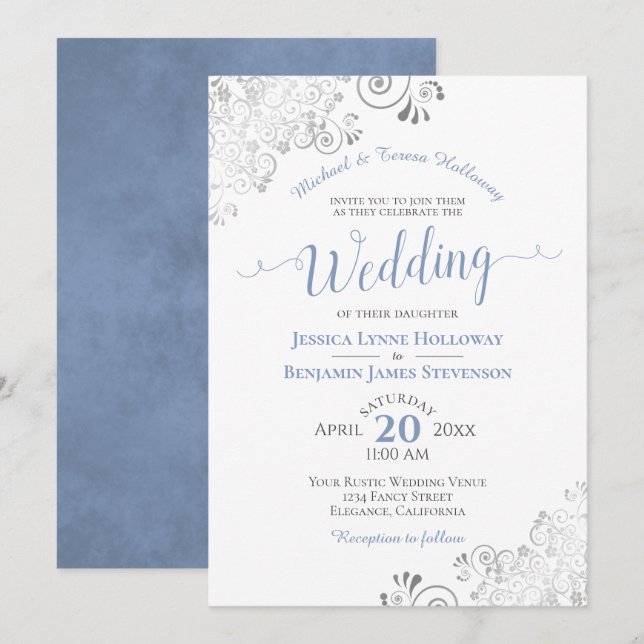 Silver Lace and Dusty Blue Formal White Wedding Invitation (Front/Back)